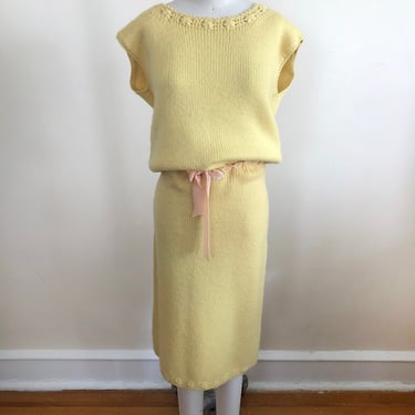 Pale Yellow Knit Top and Skirt Set with Floral Crochet Trim - 1960s 