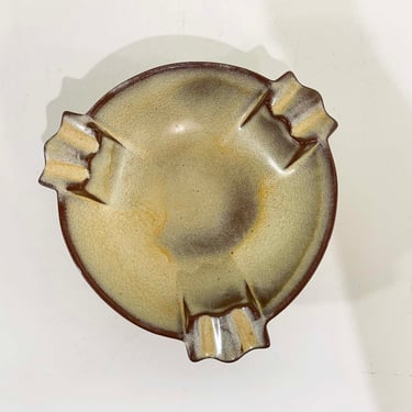 Vintage Atomic Brown Ashtray Frankoma Pottery Ceramic Tray Jewelry Trinket Bowl Dish Tan Beige Plainsman Satin 458 1970s 