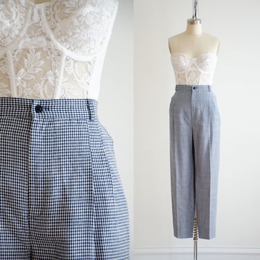 high waisted pants 80s 90s \vintage navy blue white houndstooth checkered plaid straight leg trousers 