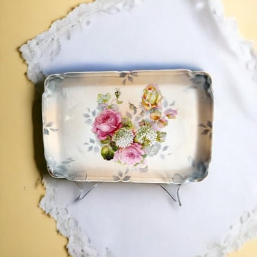 VINTAGE Porcelain Tea Tray Decorated Hand Painted Flowers Tray Floral Motif Display Tray Porcelain Serving Tray  Artisanal Painted Dish 
