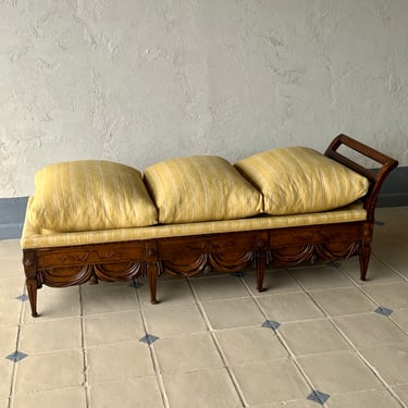 19th C. French Wall Bench with Mustard Cushions