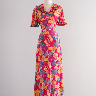 Vintage 1970's Cranberry Psychedelic Floral Gown / M