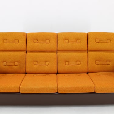 1970's Leatherette and Fabric 4-Seater Sofa, Czechoslovakia / Mid-century / Brown Colour / Orange Colour / 