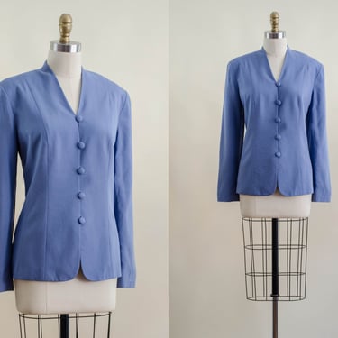 French blue silk jacket | 90s vintage china blue nipped waist academia preppy silk blazer 