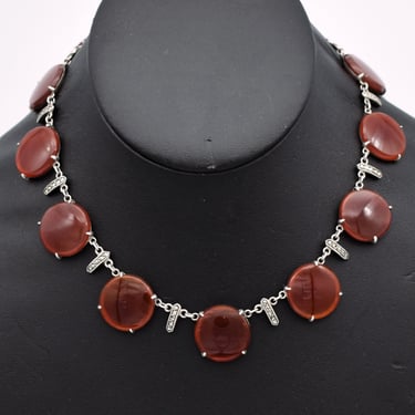 20's Wachenheimer Bros carnelian marcasite sterling necklace, Art Deco red discs pyrite 925 silver statement 