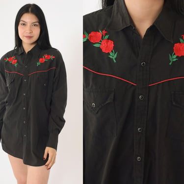 90s Embroidered Western Shirt Black Red Rose Floral Pearl Snap Button up Shirt Cowboy Ely Cattleman Pocket Rodeo Vintage 1990s Men's Medium 