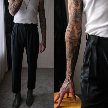 Vintage 80s Gianni Versace Black Gabardine Pleated Tapered Leg Pants | Made in Italy | Wool Gabardine | 1980s Versace Designer Mens Pants 