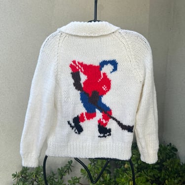 Vintage hand knit sweater cardigan Ice Hockey theme Wm XS Child Lg 