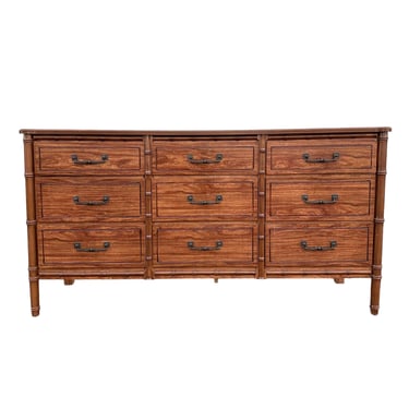 Faux Bamboo Dresser with 9 Drawers - Vintage Brown Wooden Henry Link Style Hollywood Regency Palm Beach Credenza Coastal Bedroom Furniture 