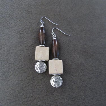Wooden and stone dangle earrings 