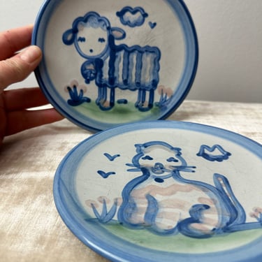 Ma Hadley Pair of small plates~ cat & lamb~ farmhouse cottagecore vintage dish wear blue handmade ceramic 