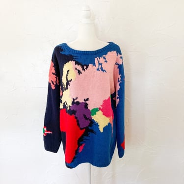 80s Amazing Rainbow Global Map Picture Knit Sweater | 1X/2X/3X 
