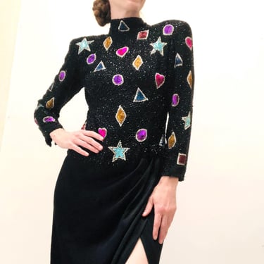 RESERVED 80s Vintage BOB MACKIE Dress Sequin Gown Size Medium with Diamonds Moon and Stars Astrology Sequin Beaded Metallic Black Gown Dress 