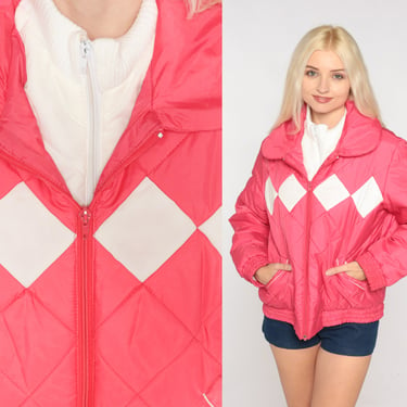 Pink Puffer Jacket 80s Quilted Ski Jacket Insulated Zip Up Puffy Coat White Diamond Print Winter Skiwear Nylon Poly Vintage 1980s Medium M 