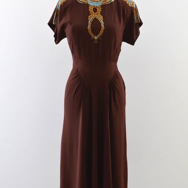 Vintage 1940s Fred A. Block Rayon Crepe Beaded Dress