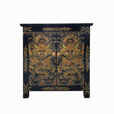 Tibetan Oriental Black Golden Dragon Head End Table Nightstand cs7694E 