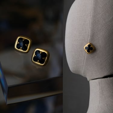 Vintage 80s ANNE KLEIN Signed Matte Gold & Black Enamel Square X Shaped Post Earrings | Donna Karan | 1980s Designer Statement Jewelry 