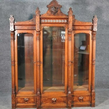 Daniel Pabst Walnut Renaissance Revival Victorian Three-Door Bookcase circa 1870