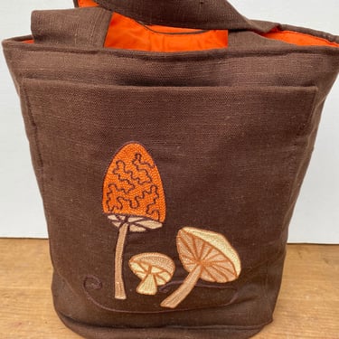 Vintage Mushroom Craft Tote, Knitting Bag, Palmer Smith Travel Tote With Embroidered Mushrooms, Brown And Orange 
