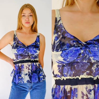 Vintage Tracy Reese for Bergdorf Goodman Cream Silk Empire Ruffled Waist Top w/ Lapis Blue Floral Design | 100% Silk | Y2K Designer Blouse 
