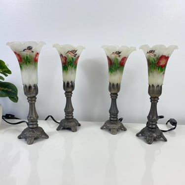 Vintage Tulip lamp set of 4, accent light ,foyer night light, desk light, hand painted crimped glass, hummingbird, floral design, metal 