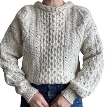 Aran Sweater Market White Wool Donegal Tweed Irish Fisherman Sweater Sz L 