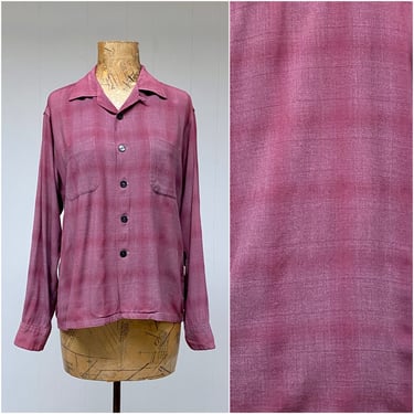 Vintage 1950s Rose Shadow Plaid Rockabilly Shirt, Long Sleeve Button Loop Collar, Ombré Brushed Cotton Blend, Gender Neutral 42