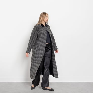 HOUNDSTOOTH WOOL COAT Vintage Grey Checkered Trench Midi Fall 90's / Small Xs 