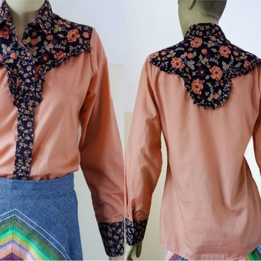 70s ruffle western shirt size small, vintage prairie peach with floral pattern bib long sleeve snap button up blouse, hippie top by Millie 
