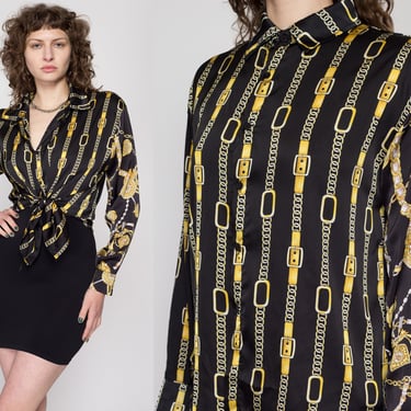 XL 80s Hermès Silk Baroque Equestrian Print Blouse | Vintage French Designer Long Sleeve Secretary Top 