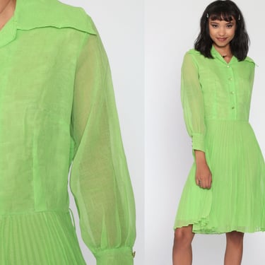 Sheer Green Dress 70s Mod Button Up Dress Retro Boho PLEATED Midi Knee Length High Waisted 1970s Vintage Minidress Long Sleeve Small 