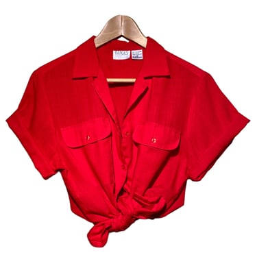 1990s Minimal Oxford Red Pocket Front Shirt Vintage Oversized Blouse Rayon Preppy Loose Fit Short Sleeve Button Down Collared Camp Shirt 