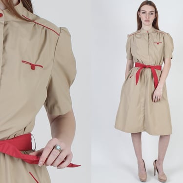 Safari Trench Style Dress / Camel Color Vintage 80s Menswear/ Khaki Plain Pockets Midi Maxi Dress 