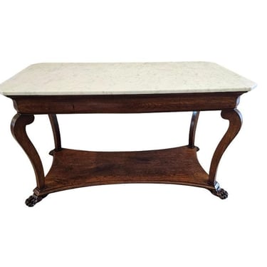 Large Antique French Chateau Charles X Louis Philippe Carved Oak White Carrara Marble Rectangular Buffet Server Center Table Console 