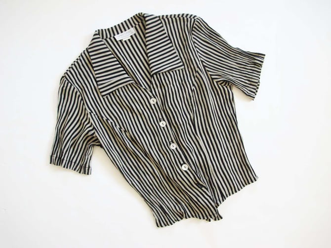 90s Striped Crinkle Blouse S M - Vintage 1990s Short Sleeve Collared Top - Minimalist Black Beige Thin Stripe Shirt 
