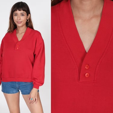 Red Sweatshirt 90s Henley Sweatshirt V Neck Quarter Button Up Long Sleeve Shirt Plain Pullover Sweater Basic Top Vintage 1990s Small Medium 