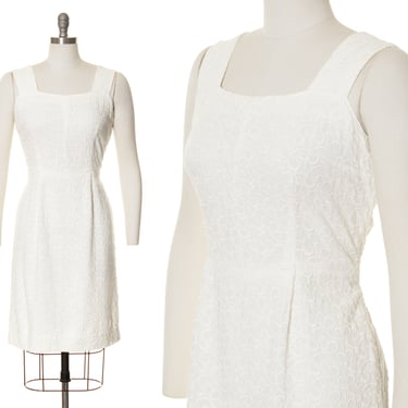 Vintage 1950s Sundress | 50s White Embroidered Linen Wiggle Sheath Tea Summer Day Dress (medium) 