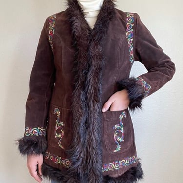 Vintage Y2K Womens Penny Lane Hippy Brown Suede Embroidered Boho Jacket Sz M 