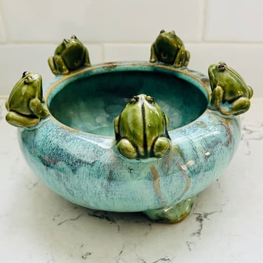 Vintage Drip Glaze Green Pottery Frog Planter Bowl by LeChalet