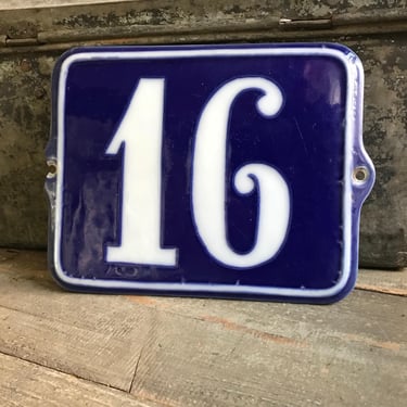 French Porcelain Sign, Street Address Sign, Cobalt Blue White Traditional House Number 16, Damages 