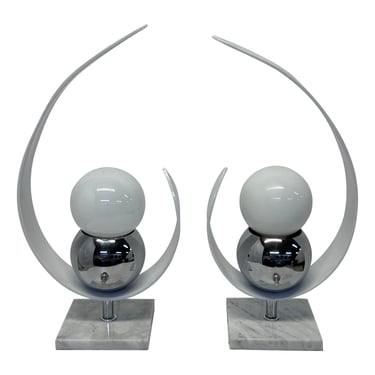 Mid-Century Chrome and Marble Table Lamps With Lacquered Wood Accent - a Pair