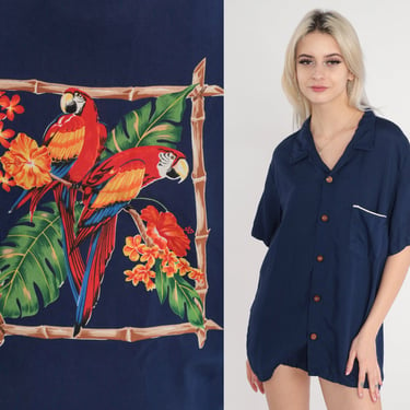 Ocean Pacific Shirt 90s Navy Blue Button Up Tropical Floral Parrot Print Surfer Hawaiian Shirt Retro Short Sleeve Top Vintage 1990s Mens XL 