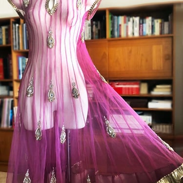 Vintage BOLLYWOOD DRESS Anarkali Indian Gown, Beaded, Purple, Sheer Evening Party Dress, Rhinestones, India, Full skirt, Pakastani Ethnic 