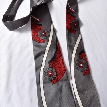 1920's ART DECO Necktie Men's Suit Tie 1930's Antique Vintage Red & Grey Abstract Print Silk or Rayon 