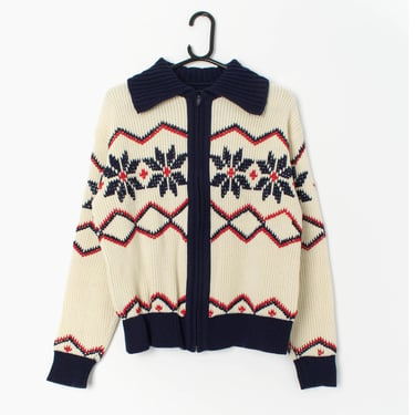 Mens vintage chunky knitted jacket in red, navy and cream with snowflake pattern - Medium 