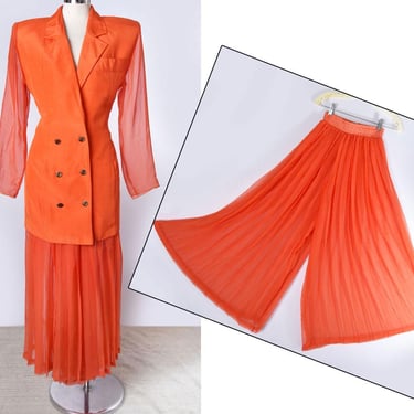 80's Bright Orange Suit, Set, Palazzo Pants, Jacket Vintage 1980's Pant suit, Matching 