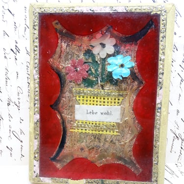 Antique German Memorial Icon, Farewell, Lebe Wohl, Foil Basket with Paper Flowers, Reverse Painted Glass 