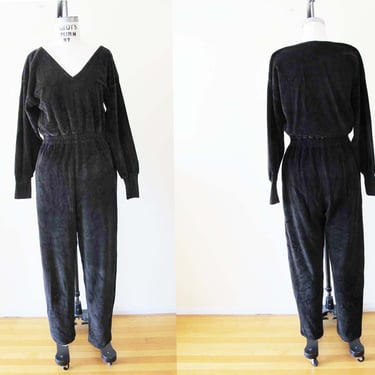 Vintage 80s Black Velour Jumpsuit S M - 1980s Womens Long Sleeve Velvet Boilersuit One Piece - Liz Claiborne 