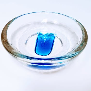 Owl Art Glass Bowl~Artisan Glass~Vintage Artisan Crafted Art Glass Bowl Blue Owl w/ Clear Glass~Heavy Glass Bowl~Bird Theme~JewelsandMetals 