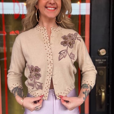 Vintage 50s cappuccino beaded cardigan